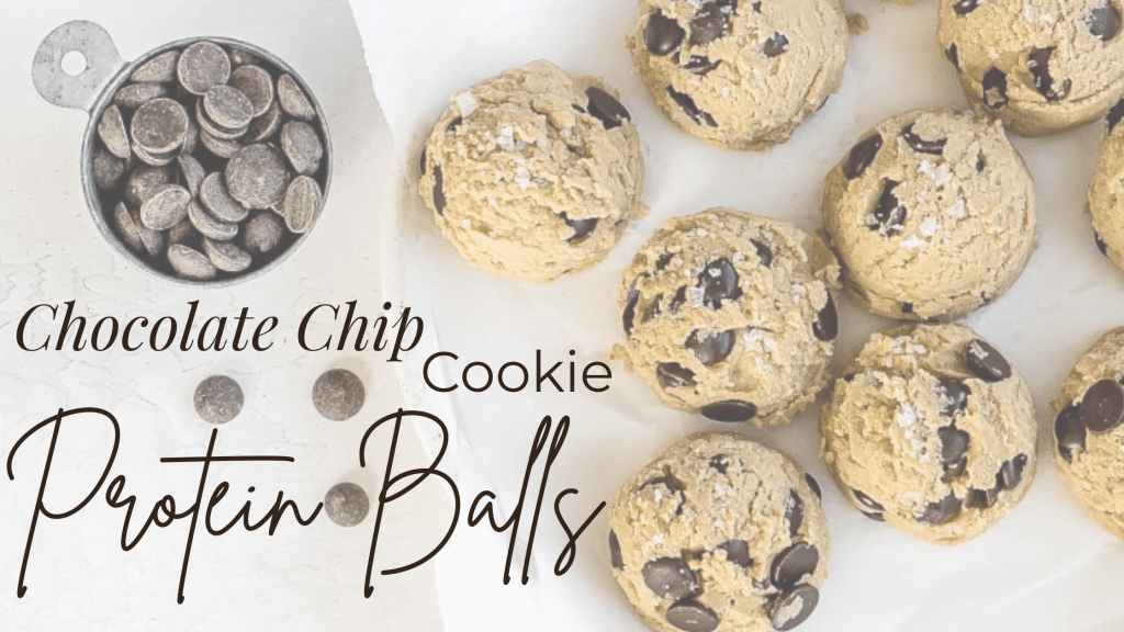 Perfectly rolled cookie dough balls on parchment paper on the right, a small bowl of chocolate chips on the left. In the blank space on the bottom left the recipe name, "Chocolate Chip Cookie Protein Balls" is printed in black lettering.